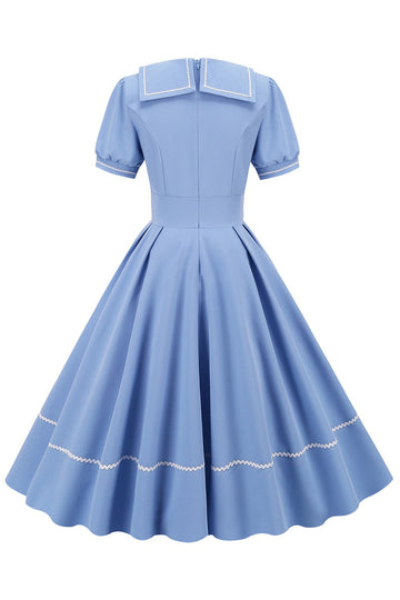 Vestido Retro Azul Mangas Curtas